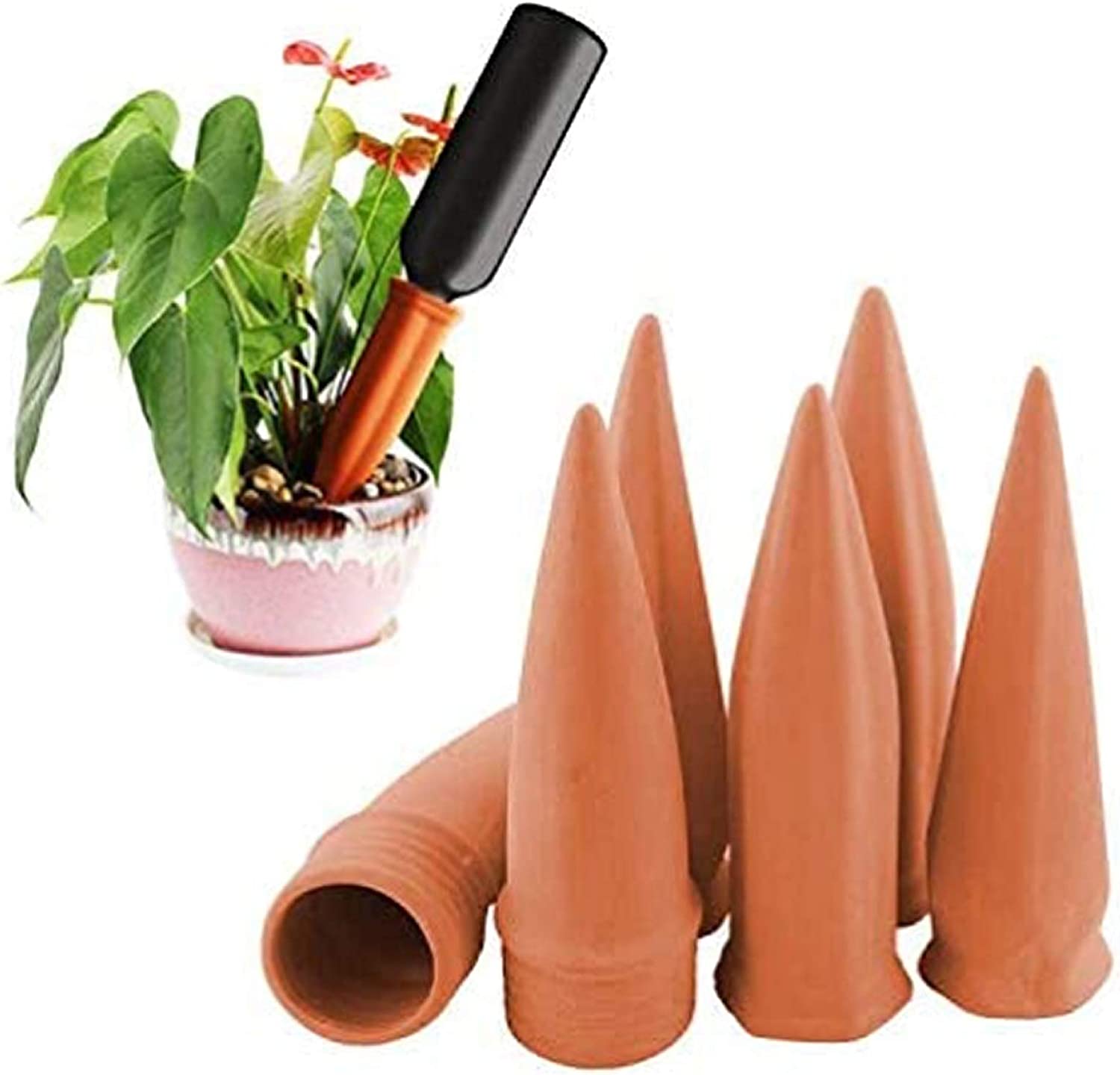 MorTime Plant Watering Devices, Plant Waterer Self Watering Terracotta Spikes Automatically Water Your Indoor and Outdoor Plants While On Vacation (6pc)