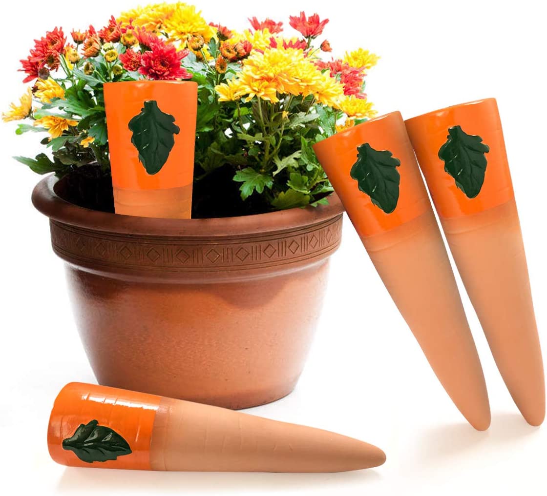 Plant Self Watering Spikes, Self-Watering Stakes for Vacation Outdoor Indoor Plant Watering Device Carrot Shape Terra-Cotta Plant Waterer for Wine Beer Bottle 4 Packs